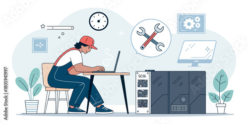 Computer repair technician fixing laptop at desk, a modern vector illustration of a service professional maintaining technology with tools and gear icons