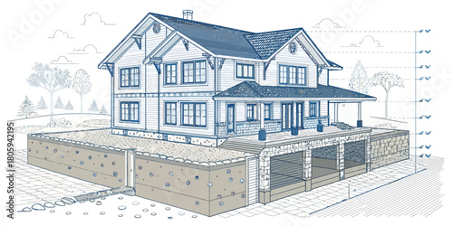 Detailed home blueprint design showcasing foundation and landscaping, ideal for architectural plans and property development projects with modern appeal