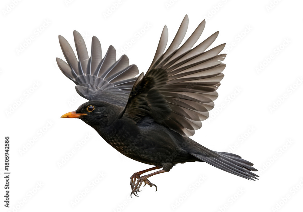 Obraz premium Blackbird in flight with wings spread isolated on transparent background