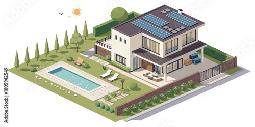 Modern luxury home with pool and solar panels, perfect for real estate marketing, architectural designs, and sustainable living promotions