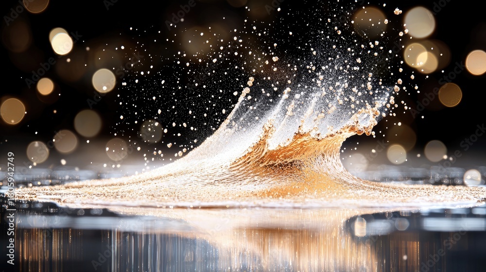 Fototapeta premium A dynamic splash of golden liquid erupts upwards, creating a wave-like shape with fine, sparkling droplets against a dark background with soft, out-of-focus gol