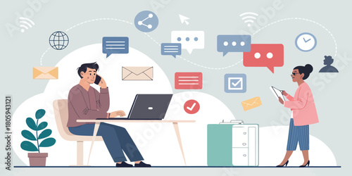 Team collaboration in a modern office with digital communication and technology, showcasing efficiency and connectivity in a dynamic workspace