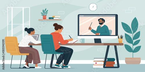 Students enthusiastically studying online with a teacher on a screen, creating a vibrant and engaging learning environment at home, originally vector graphics