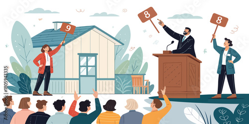 Exciting real estate auction event featuring a house, spirited bidding, and a lively crowd eager to buy property, potential investment opportunity shown