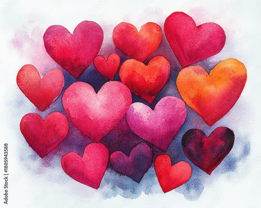Obraz premium Cluster of hand-painted watercolor hearts in warm reds, pinks and oranges over a soft blue wash conveying love and joyful affection