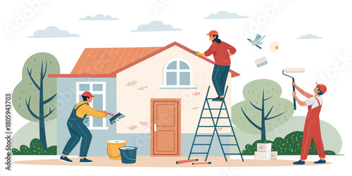 Professional home improvement team painting a house, skilled contractors working together on exterior, vibrant residential project for real estate appeal