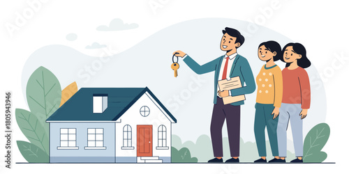 Excited couple receiving house keys from friendly real estate agent, dreaming of homeownership and a bright future together in their new property