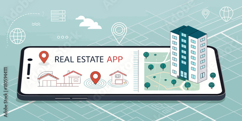 Find your dream home with this real estate app showcasing property listings and building location, a modern solution for property searching made easy