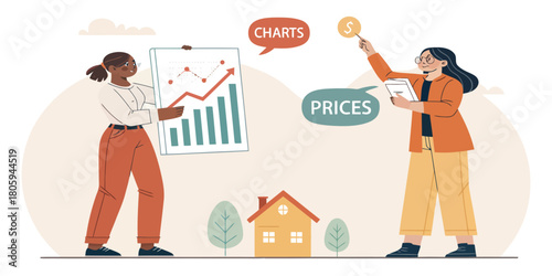 Real estate market analysis presentation with positive charts, property investment insights, and pricing strategy by two real estate professionals