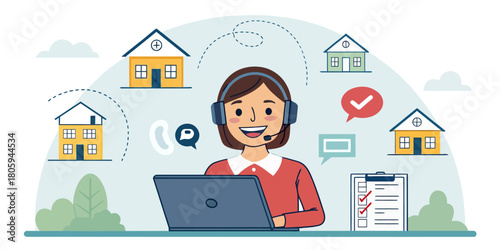 Friendly real estate support agent helping clients find dream homes online with modern technology and personalized service, ensuring customer satisfaction
