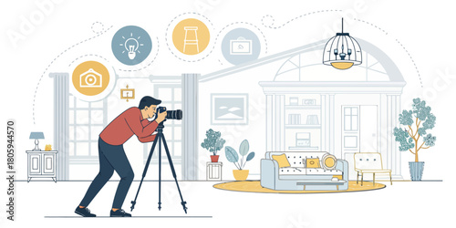 Capturing moments in a stylish living room: Photographer at work with camera, lens, and tripod, creating stunning visual content in a bright and modern space.