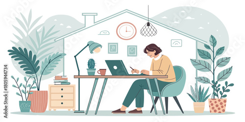 Woman working remotely at desk surrounded by plants, focused and productive in her home office, enjoying the quiet comfort of her personal workspace