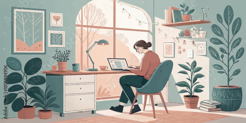 Remote worker in a cozy botanical office space, focused on laptop, enjoying a productive day at home, designed for modern business and lifestyle use