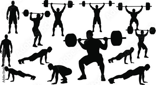 Fitness silhouettes set, a vector illustration collection of men exercising, weightlifting, doing push-ups, and squats, gym workout poses, isolated.
