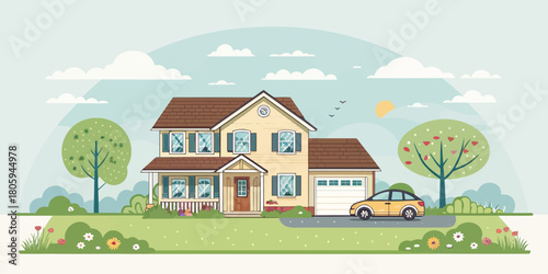 Dream home with yellow car and blooming garden, a perfect suburban lifestyle illustration, conjuring feelings of peace, family, and the American dream