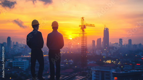 two engineer on working site , engineer and tower cranes at construction site and city