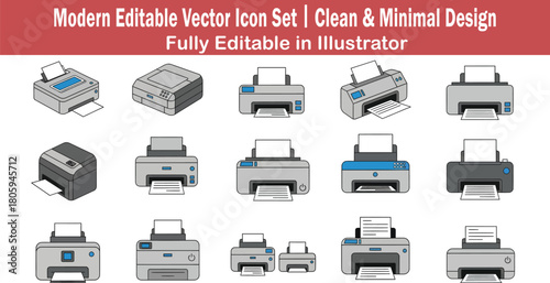 Minimal flat 2D vector icon set featuring ten unique printer designs in clean modern graphic style