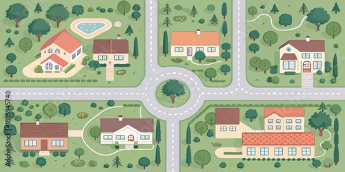 Charming residential neighborhood illustration, showcasing idyllic homes, lush greenery, peaceful streets, perfect for real estate, community planning visuals