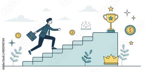 Driven businessman climbs stairs to success with briefcase, achieving financial goals and winning with determination in business illustration
