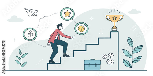 Achieve business goals with determination and climb the ladder to success, reach the top for the winning trophy, modern leadership concept