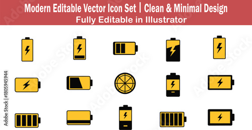Flat 2D vector icon set featuring ten different battery types in clean minimal modern graphic style
