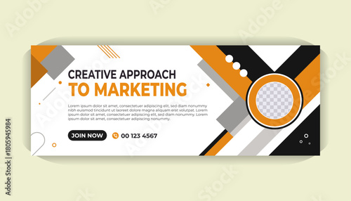 Modern business Facebook timeline ad template with yellow color highlights, photo holder, clean typography and white layout
