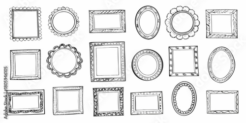 Collection of hand drawn sketchy picture frames in various shapes and decorative styles