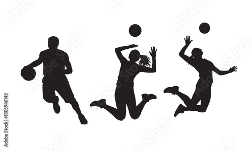 Athletes playing basketball and volleyball silhouette