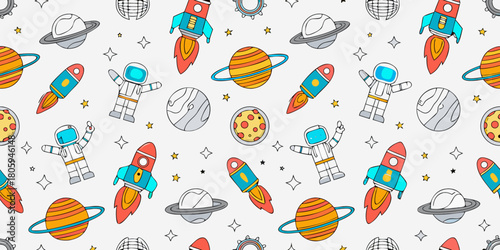Whimsical space adventure seamless pattern with astronauts rockets planets and stars