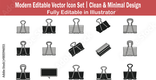 Flat 2D vector icon set featuring ten unique binder clip styles in clean minimal modern graphic design