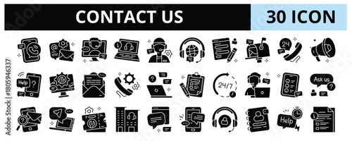 30 Contact Us Glyph Icons Vector - Email Support, Help Desk, Customer Service, Support Center, Help Line, Inquiry Form, Contact