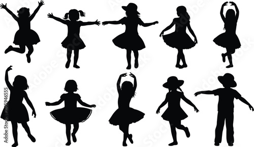 Happy children silhouette vector set, dancing kids collection, little girl jumping, boy playing, active childhood illustration, black shapes isolated on white background