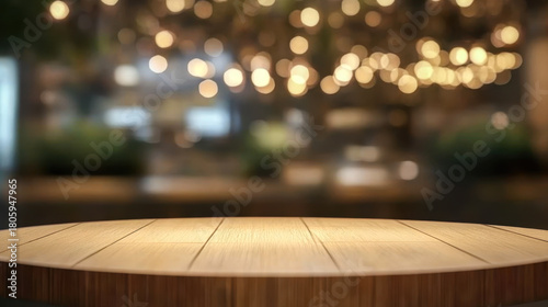 Empty wooden table top with lights bokeh on blur restaurant background