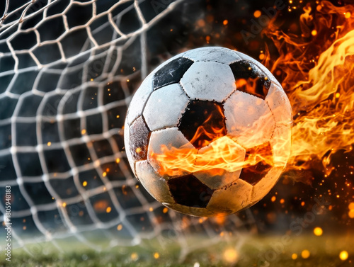 Fiery Soccer Ball In Goal With Net In Flames