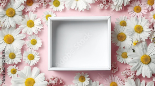 Wooden Frame with White Background and Surrounding Blooms for Creative Projects