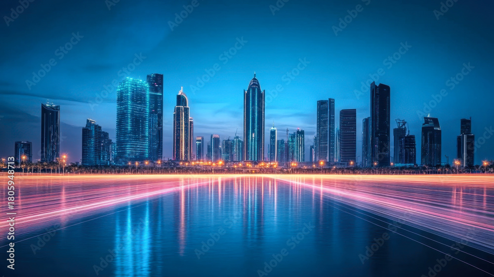 Obraz premium Abstract speed light flow through the city with gradient and aesthetic Intricate lighting design
