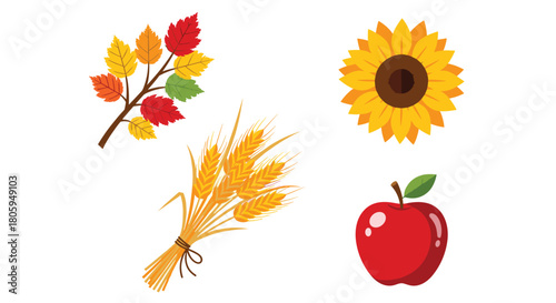 Autumn Harvest Elements Collection Featuring Leaves Wheat Apple Sunflower, Generative AI