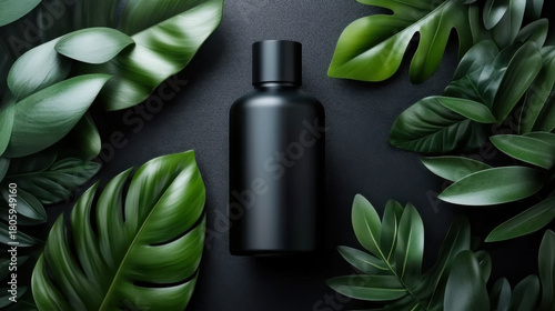 Black serum bottles and monstera palm leaves on black background