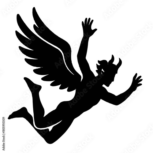 Dramatic silhouette of winged devil soaring through the air, evoking themes of temptation, rebellion, and fantasy for edgy designs and creative projects