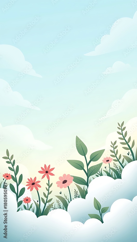Obraz premium Clip-art of tiny plants, flowers, and leaves sprouting from soft fluffy clouds, creating a floating garden in the sky. Gentle pastel blues, greens, and pinks with minimal outlines and whimsical shapes