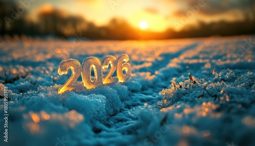 Ice year 2026 on snowy ground at sunrise