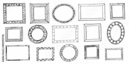 Collection of hand drawn decorative picture frames in various shapes and styles on a white background