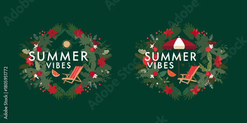 Decorative summer vibes wreaths with beach chairs and umbrellas on dark green background