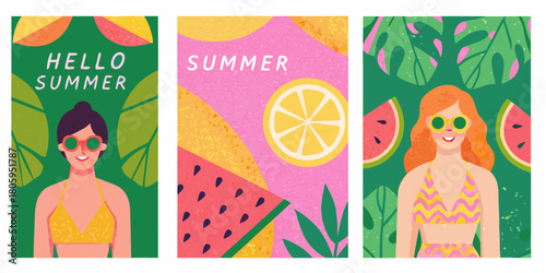 Vibrant summer illustrations featuring happy women in swimwear surrounded by tropical fruits and leaves