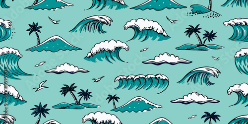 Seamless pattern of hand drawn ocean waves tropical islands with palm trees and seagulls on a teal background