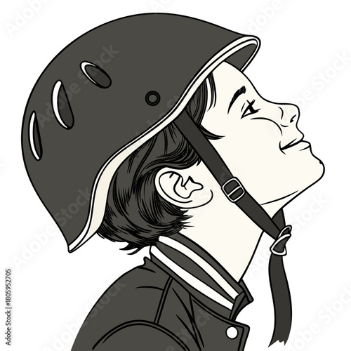 Smiling child wearing a protective sports helmet and jacket, looking up with a cheerful expression, symbolizing safety, fun, optimism, and outdoor activities. illustration.