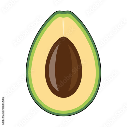 Avocado half with pit illustration, featuring vibrant green skin and creamy yellow flesh, a symbol of healthy eating, fresh ingredients, and nutritious meals, isolated on a clean background.