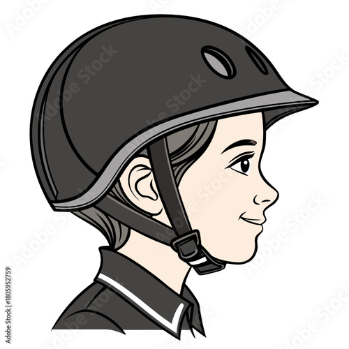 Close-up profile of a young individual wearing a dark grey protective helmet, featuring a smiling face, ideal for safety, sports, and recreational activity concepts, isolated illustration.