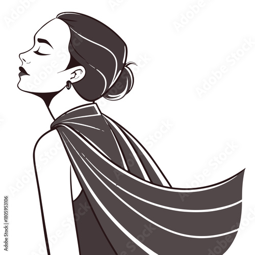 Elegant fashion illustration of a woman in profile with closed eyes, hair neatly in a bun, wearing a sophisticated flowing cape, on a clean white background, conveying grace and poise.