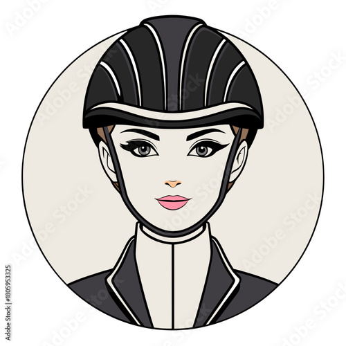 Equestrian female rider portrait illustration with a stylish black helmet and formal riding jacket. sporty graphic avatar of a woman involved in horse riding activities.